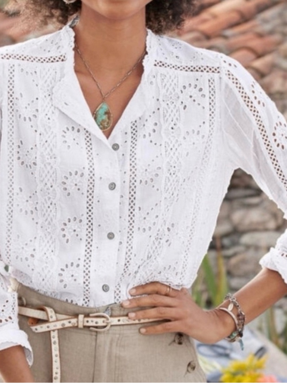 Sundance White Broderie Anglaise Button-Down Shirt with Lace Panels NWT size XL
